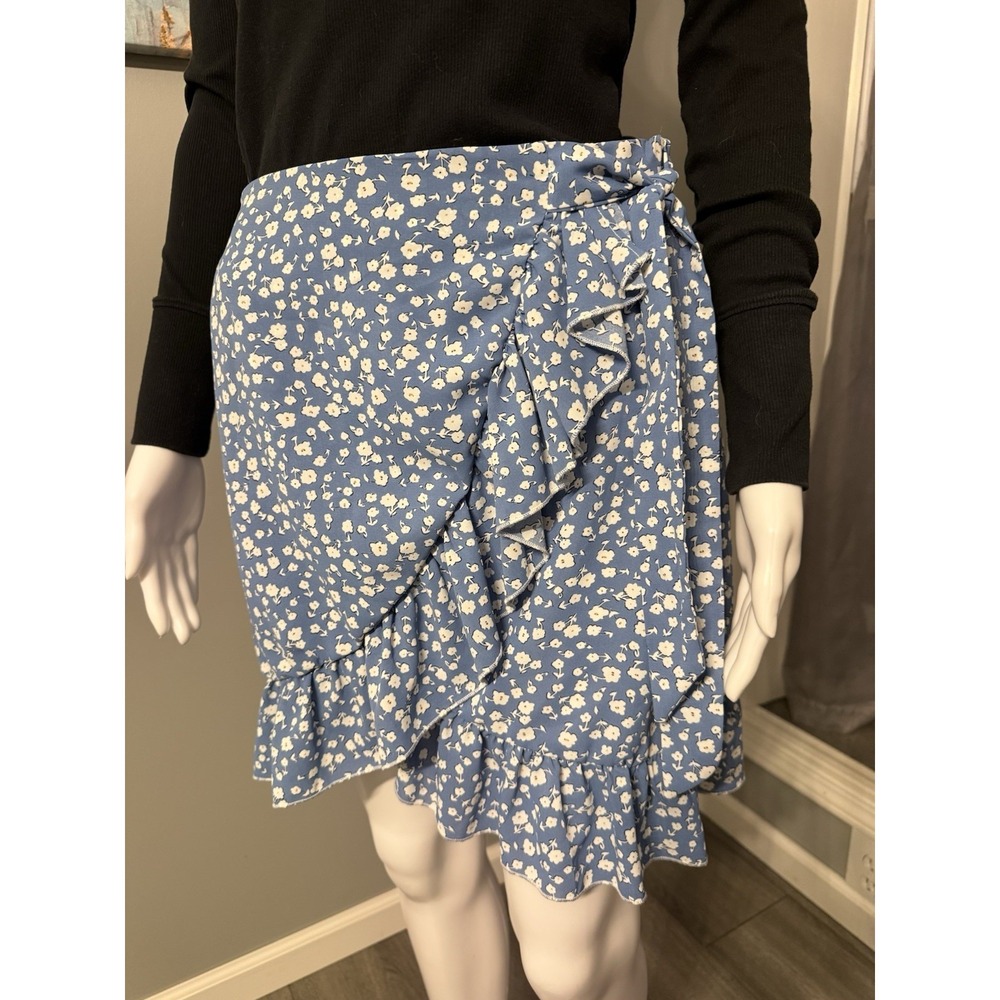 Blue Floral‎ Pattern Ruffle Trim Faux Tie Waist Wrap Skirt Size L Summer Beach